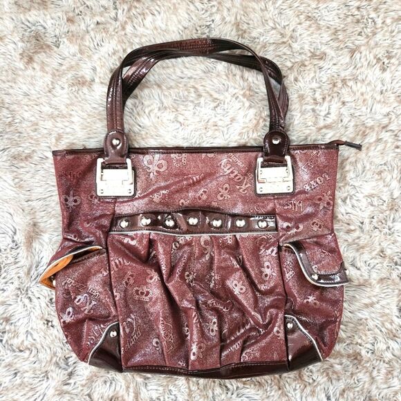 Kathy Van Zeeland Brick Red Metallic Crown Print Satchel Handbag - Picture 1 of 15